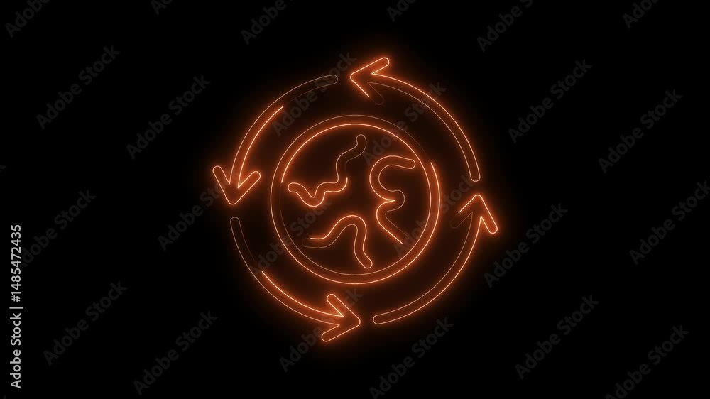 Poster glowing orange circular arrows around viruses representing spread cycle on black background