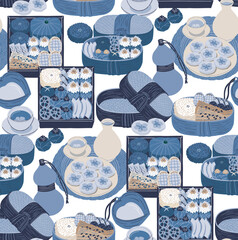  봄날 소풍을 위한 한식 도시락 세트. 끊김없는 심리스 패턴 벡터 일러스트레이션 	