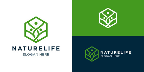 Creative simple nature life logo template. Tree with people symbol for Healthy life logo design vector illustration.