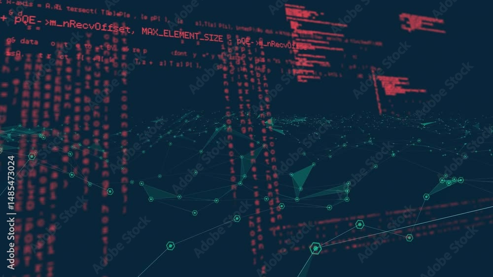 Poster 3d render network mesh displaying floating green hexagonal nodes connecting over red pixel wave