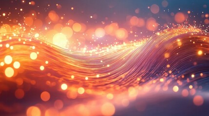 Obraz premium Abstract glowing wave of light strands with warm orange and golden bokeh particles creating a dynamic, flowing and vibrant scene