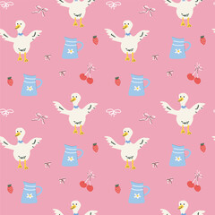 Charming cottage decor pattern with ducks and fruits for home accessories and prints.