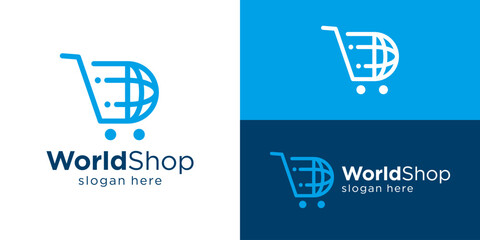 Creative simple world shop logo template. Abstract shopping cart with globe symbol for Online store logo design vector illustration. © Hi_std