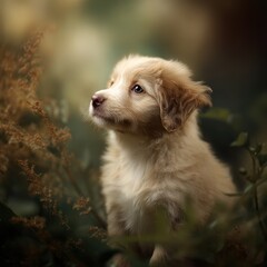 Adorable puppy gazing upwards in a natural setting.