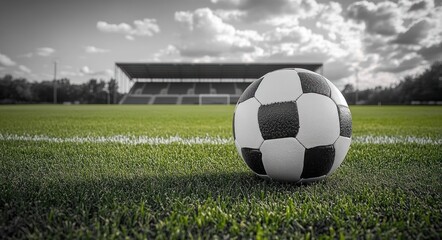 Fototapeta premium Close-up of a black and white soccer ball on a green grass field with an empty stadium and cloudy sky in the background