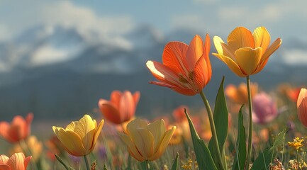 Obraz premium Vibrant tulips in a mountain meadow