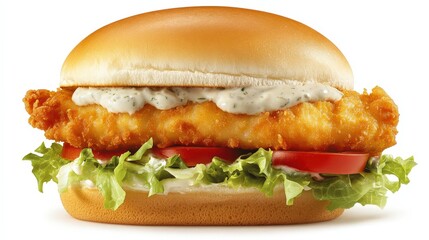A crispy fried fish fillet on a soft bun with lettuce, tomato, and a creamy sauce, ready to be served as a sandwich