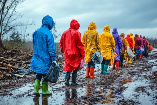 Volunteers in colorful raincoats cleaning up litter in forest