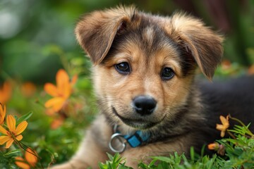 Playful puppy resting in a grassy field.
