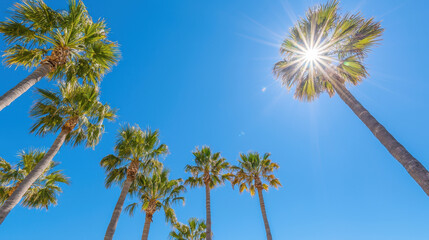 Bright tropical sun shining over palm trees against clear blue sky, creating vibrant and cheerful atmosphere