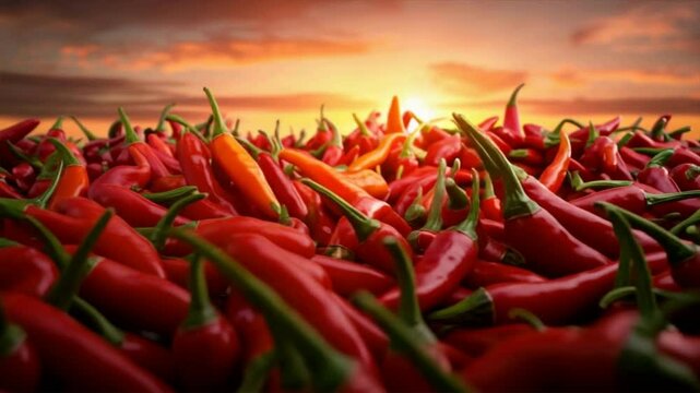 Vibrant red chili peppers bask in the golden glow of a stunning sunset, creating a spicy and colorful harvest scene.