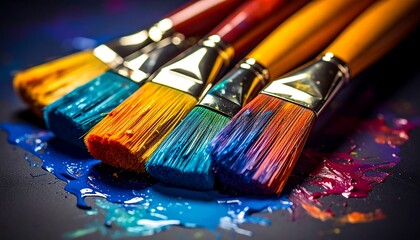 Obraz premium Closeup of Colorful Paintbrushes with Paint on a Dark Surface,abstract background, artistic, artwork, brush, colourful, colours, paint, paintbrush, painting, tool, vibrant, artist, palette, art, 