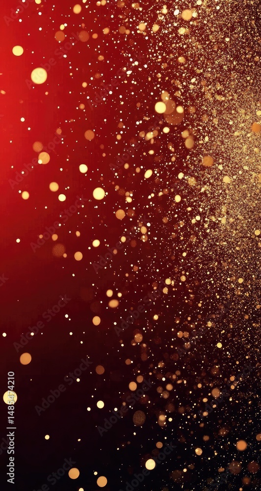 Poster sparkling gold particles on a deep red background. a flurry of golden glitter explodes downward agai