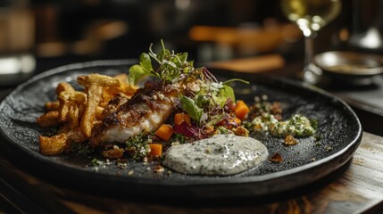 A crispy fried fish fillet served with a side of seasoned fries and a tangy homemade tartar sauce