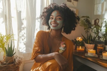 Young african female relaxing with skincare mask in cozy room