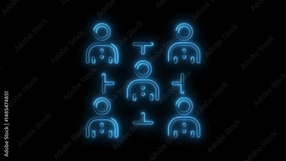 Poster blue neon hierarchical organization chart displaying connections and relationships on a dark backgro