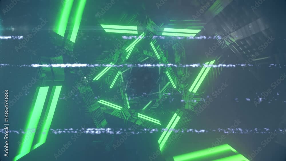 Poster glowing green geometric star structure animating in digital void, with glitch lines crossing view