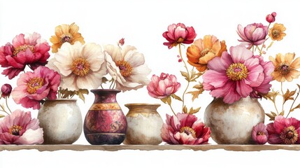 This floral pattern in watercolor style includes pink peonies, along with yellow and pink flowers and leaves, making it suitable for packaging, wallpaper, and fabric, and ideal for romantic designs