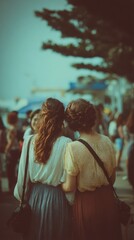 Two women embrace at an outdoor gathering.