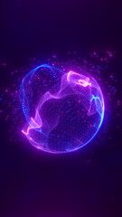 Futuristic 3D sphere made of neon particles glowing in vibrant pink and blue against a dark tech background