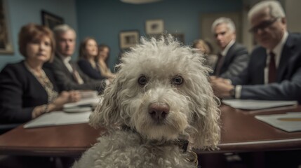 A fluffy dog in a serious meeting of people.