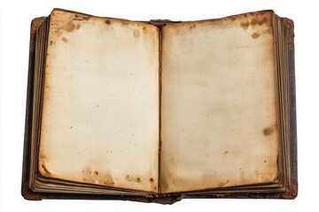 Antique book open, showing aged pages.  Pages are yellowed, stained, and show signs of age.  Dark brown binding
