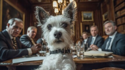 A small dog in a room of important people.
