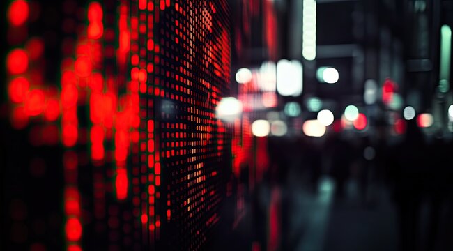 Night market data display. Blurry city scene in the background with a large, vibrant screen showing fluctuating, red and green market data in a grid pattern