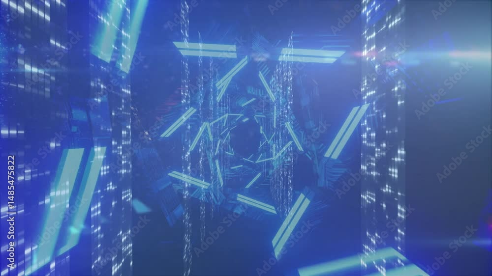Poster polygonal light tunnel animating in 3d render corridor featuring glowing frames and light streams