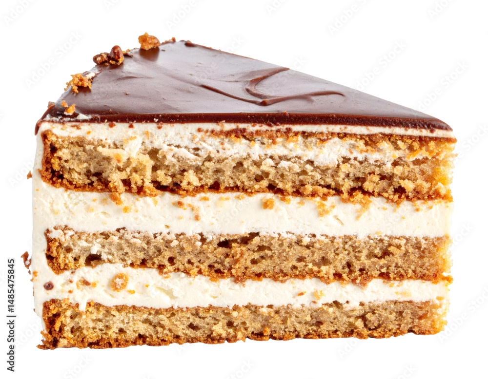 Poster delicious layered cake slice with chocolate topping isolated on transparent background