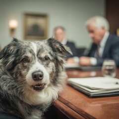 Gray and white dog seated at a formal meeting table.