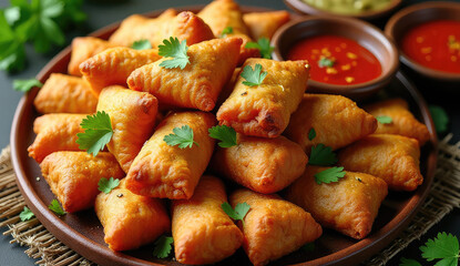 Delicious Golden Fried Pastry Bites with Dipping Sauces