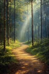 Fototapeta premium Sunlit forest path winding through tall trees with lush green undergrowth and rays of sunlight piercing the morning mist creating a peaceful atmosphere