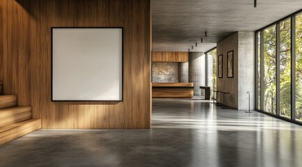 Obraz premium Modern wooden reception area with concrete floor and large blank poster