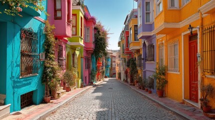 Obraz premium Vibrant Balat Street in Istanbul: A Colorful Journey Through Time