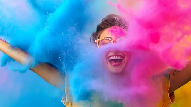 color woman with powder enjoying on her face and sunglasses, colorful the holi Young festival with a cheerful smile video 4k
