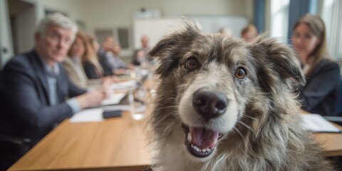 A dog's attentive gaze at a meeting.