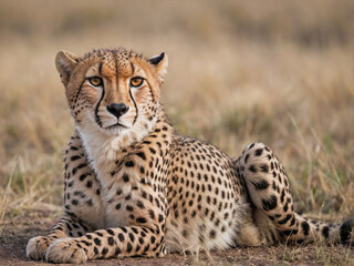 A full-body image of a cheetah lying on its stomach