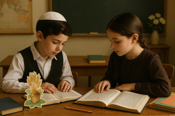 Two Jewish schoolchildren sitting at a desk reading Hebrew books in a traditional classroom setting. They are dressed modestly, surrounded by learning materials and small Shavuot-themed decor.