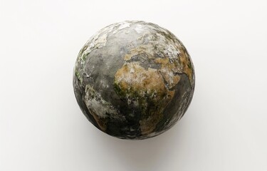 A weathered, distressed globe, depicting a planet Earth marred by environmental damage.  Muted colors show signs of decay and pollution across its surface