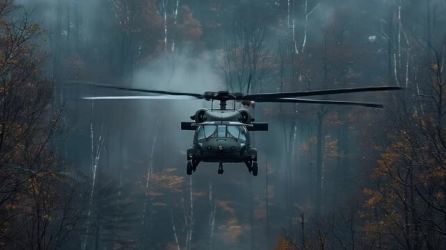 Helicopter in foggy autumn forest