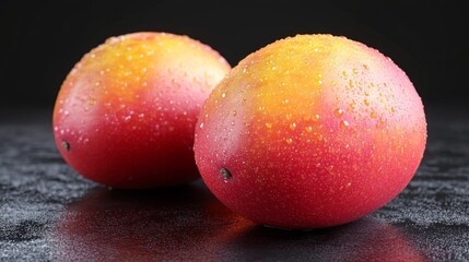 Two ripe red mangoes with a shiny, wet surface