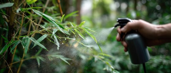 Hand spraying bamboo plant leaves with water outdoors Concept of plant care, gardening, and pest control in the garden during the daytime