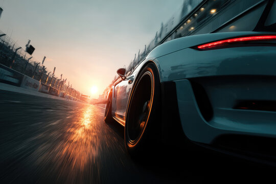 cars racing intensely with blurred motion on a track, showcasing the need for speed.