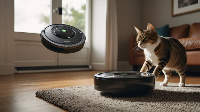 Flying Roomba chasing a cat around a spaceship.


