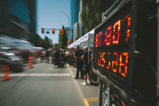 Blur of bus speeding down city street. - Powered by Adobe
