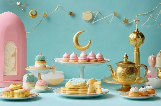 Festive treats arranged on tiered stands, against a pastel backdrop. Colorful pastries, cakes, and desserts, including macarons, cookies, and cupcakes. Ornate golden tea pot and decorative elements