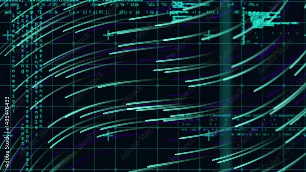 Poster abstract glowing light trails being animated as flowing waves across dark backdrop in flat design