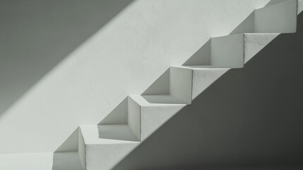 Fototapeta premium A storytelling frame centered on dramatic architectural still life: modern staircase with silver handrail, showcasing intricate design details against a grey backdrop.