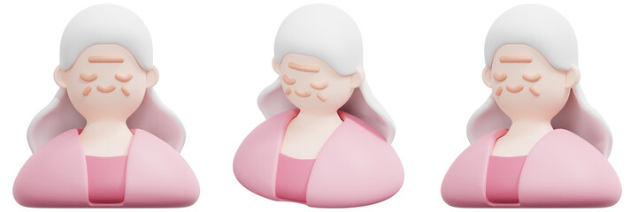 Set of 3D Renderings of a Smiling Elderly Woman with White Hair in Pink Clothing 3d Render Icon Illustration